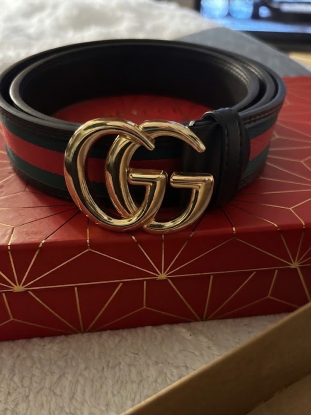 Brand New ! Black Belt with Red and Green Stripe and Gold Double G Buckle